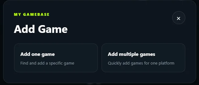 My GameBase Add Game dialog with Add one game and Add multiple games options.