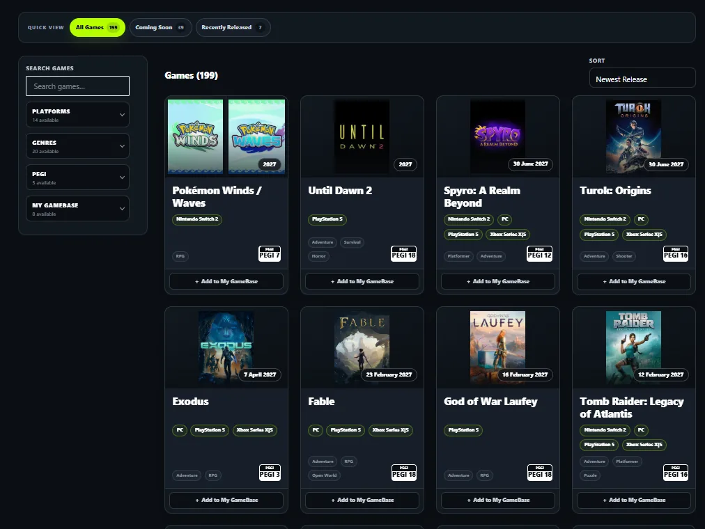 Games Catalog showing multiple game covers and My GameBase discovery controls.
