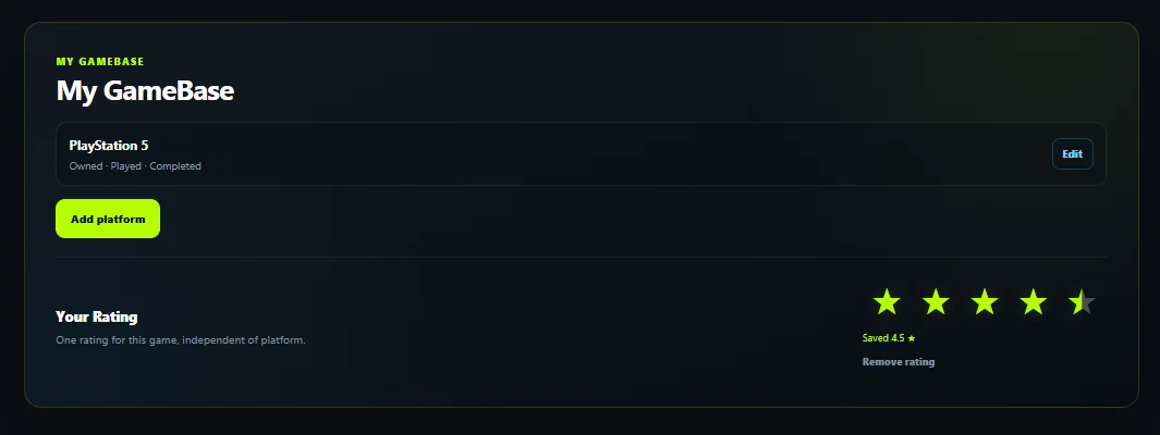 My GameBase panel showing personal game status and rating.